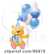 Poster, Art Print Of Teddy Bear With A Gift Party Hat And Blue Balloons