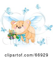Royalty Free RF Clipart Illustration Of A Teddy Bear Fairy Flying With Flowers And Blue Butterflies by Pushkin