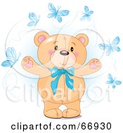 Royalty Free RF Clipart Illustration Of A Sweet Teddy Bear With A Blue Bow And Blue Butterflies