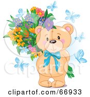 Royalty Free RF Clipart Illustration Of A Teddy Bear With Blue Butterflies And A Flower Bouquet by Pushkin