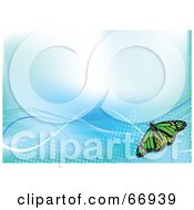 Poster, Art Print Of Blue Background With Waves And A Green Butterfly