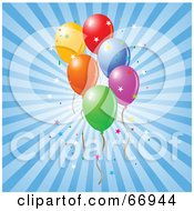 Royalty Free RF Clipart Illustration Of Party Balloons With Confetti On A Blue Bursting Background