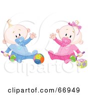 Poster, Art Print Of Baby Boy And Girl Waving And Playing With Toys