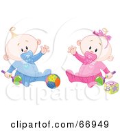 Royalty Free RF Clipart Illustration Of A Baby Boy And Girl Waving And Playing With Toys