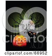 Black Kitten And A Pumpkin By A Tombstone