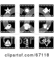Royalty Free RF Clipart Illustration Of A Digital Collage Of Black And White Film Strip Beach Item Buttons by Prawny