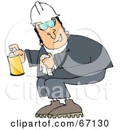 Poster, Art Print Of Worker Man Crouching And Spraying A Cleaner From A Can