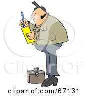 Poster, Art Print Of Worker Man Standing By A Tool Box And Writing A Note On A Pad