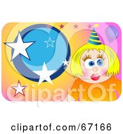 Royalty Free RF Clipart Illustration Of A Blond Birthday Girl Wearing A Hat Over A Star Background