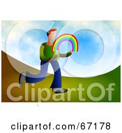 Royalty Free RF Clipart Illustration Of A Man Running And Carrying A Rainbow
