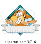 Brown Dog Mascot Cartoon Character With Open Arms Over A Blank White Label