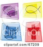 Royalty Free RF Clipart Illustration Of A Digital Collage Of Colorful Bible Christian Fish Dove And Cross Icons