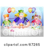 Poster, Art Print Of Blond Woman And Two Children Eating Dessert At A Birthday Party