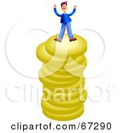 Poster, Art Print Of Rich Businessman Celebrating On Top Of A Stack Of Coins
