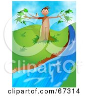 Royalty Free RF Clipart Illustration Of A Bird Perched On A Tree Man Beside A Creek