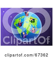 Royalty Free RF Clipart Illustration Of Earth Dwellers On The Planet Over A Purple Sky