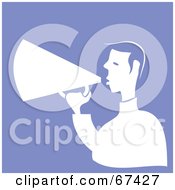 Royalty Free RF Clipart Illustration Of A White Man Using A Megaphone On Purple
