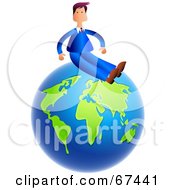 Poster, Art Print Of Businessman Sitting On Top Of A Blue And Green Globe