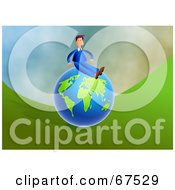 Royalty Free RF Clipart Illustration Of A Successful Businessman Sitting On Top Of A Blue And Green Globe