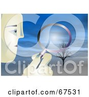 Royalty Free RF Clipart Illustration Of A Man Magnifying A Bare Tree In A Landscape