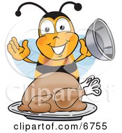 Poster, Art Print Of Bee Mascot Cartoon Character Holding The Lid To A Platter With A Thanksgiving Turkey On It