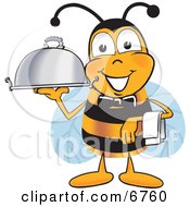 Bee Mascot Cartoon Character Dressed As A Servant Carrying A Food Platter
