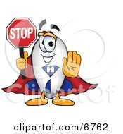 Blimp Mascot Cartoon Character Holding A Stop Sign With His Arm Out In Front