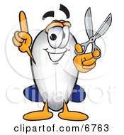 Blimp Mascot Cartoon Character Holding A Pair Of Scissors by Mascot Junction