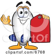 Blimp Mascot Cartoon Character Holding A Red Clearance Price Tag
