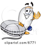 Blimp Mascot Cartoon Character Standing By A Computer Mouse