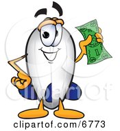 Blimp Mascot Cartoon Character Holding A Dollar Bill
