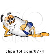 Blimp Mascot Cartoon Character Reclined With His Head Resting On His Hand