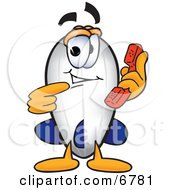 Blimp Mascot Cartoon Character Holding And Pointing To A Telephone