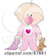 Poster, Art Print Of White Baby Girl With A Teddy Bear Pacifier And Blanket