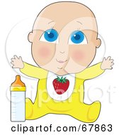 Poster, Art Print Of Happy Blue Eyed Caucasian Baby In Yellow Holding Out His Arms And Sitting With A Bottle