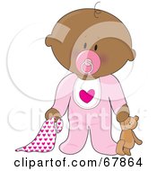 Royalty Free RF Clipart Illustration Of An Innocent Black Baby Girl With A Teddy Bear Pacifier And Blanket by Maria Bell #COLLC67864-0034
