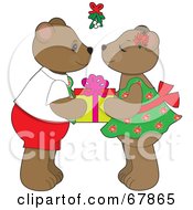 Royalty Free RF Clipart Illustration Of A Cute Bear Couple Holding A Gift And Preparing To Smooch Under Mistletoe