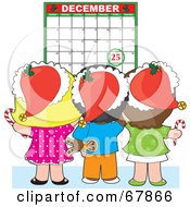 Poster, Art Print Of Group Of Christmas Children Wearing Santa Hats And Looking At A December Calendar