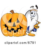 Blimp Mascot Cartoon Character With A Carved Halloween Pumpkin