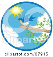 Poster, Art Print Of Blue Bird Landing On A Branch With Green Foliage Against The Sky