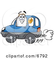 Blimp Mascot Cartoon Character Driving A Blue Car And Waving