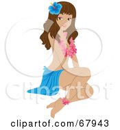 Royalty Free RF Clipart Illustration Of A Pretty Tropical Woman In A Floral Lei And Blue Skirt Wearing A Hibiscus In Her Hair