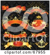 Poster, Art Print Of Digital Collage Of Gold And Red Floral Banners And Crown On A Black Patterned Background