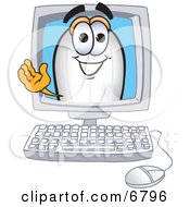 Clipart Picture Of A Blimp Mascot Cartoon Character Waving From A Computer Screen by Toons4Biz