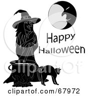Poster, Art Print Of Cat By A Black And White Witch Stirring A Spell In A Cauldron Under A Moon