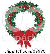 Royalty Free RF Clipart Illustration Of A Holly Christmas Wreath With Berries And A Bow by Pams Clipart