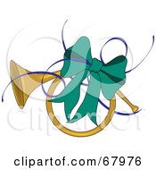 Royalty Free RF Clipart Illustration Of A Brass French Horn Adorned With A Green Bow And Blue Ribbons by Pams Clipart