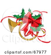Brass French Horn Adorned With A Red Bow And Christmas Holly