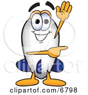 Blimp Mascot Cartoon Character Waving And Pointing To The Right