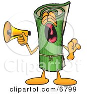 Green Carpet Mascot Cartoon Character Screaming Into A Megaphone